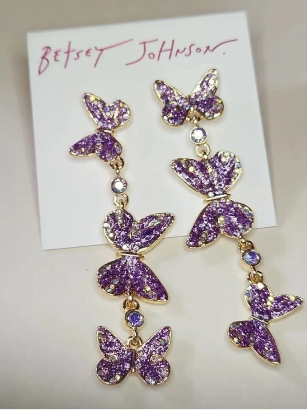 Betsey Johnson Purple Sparkly Butterfly Earrings NWT